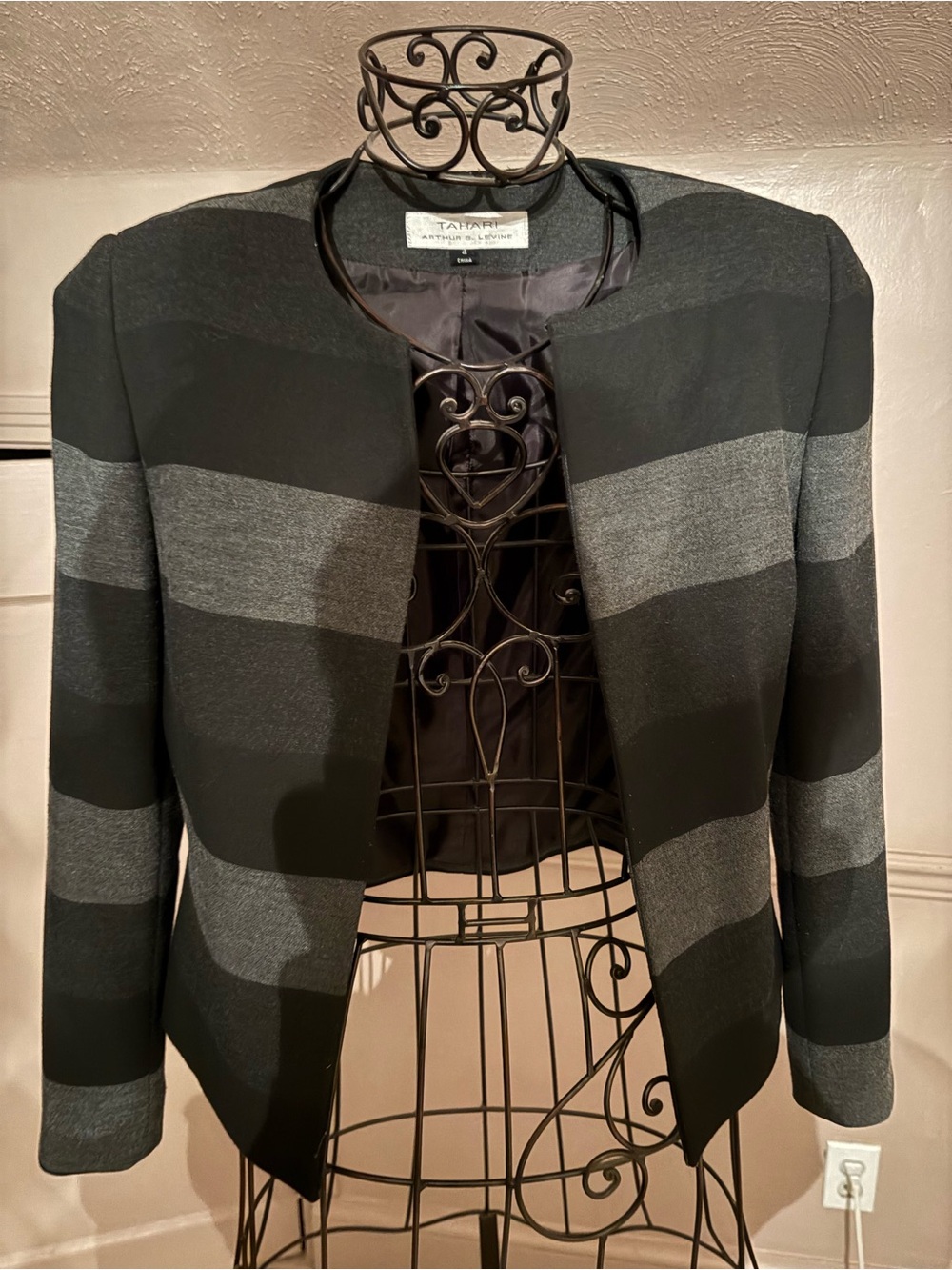 St. John Collection Black and Gray Striped Open-Front Blazer